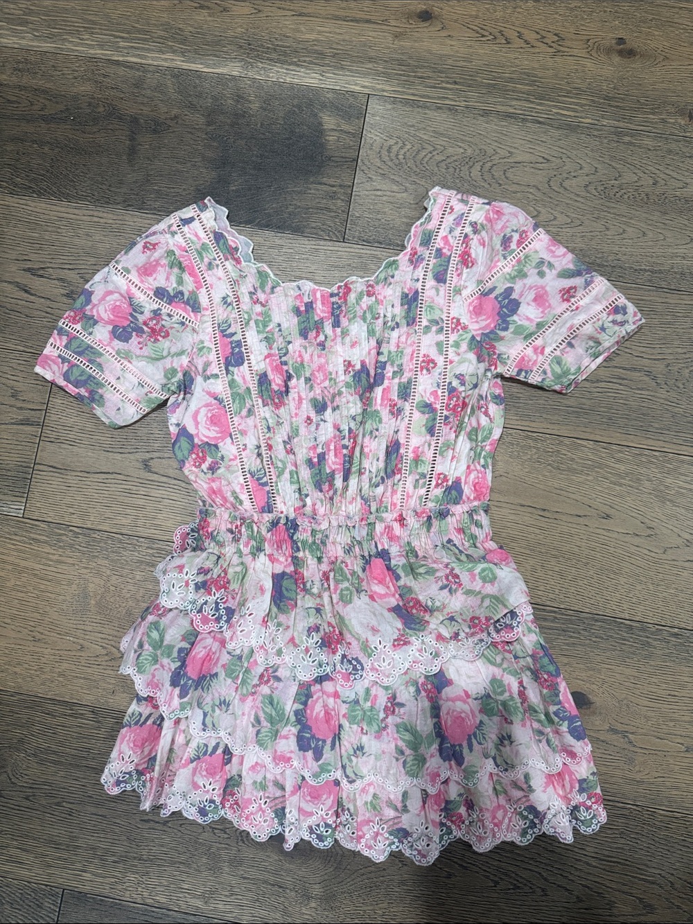 LoveShackFancy Pink Floral Lace-Trim Tiered Dress Size P